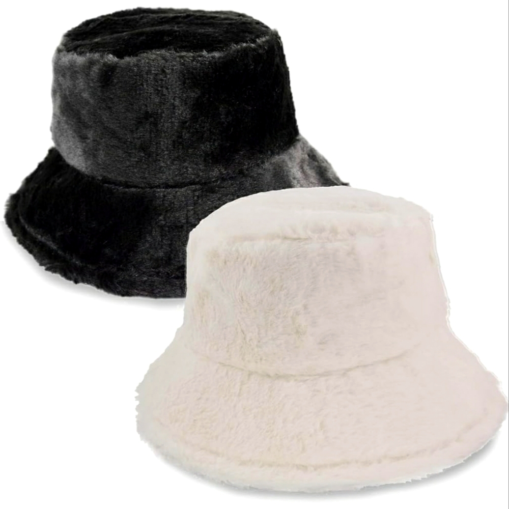 Black Fuzzy Faux Fur Bucket Hat